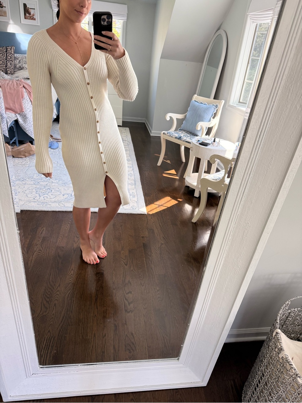 Zara Cream Ribbed Button-Front V-Neck Midi Dress